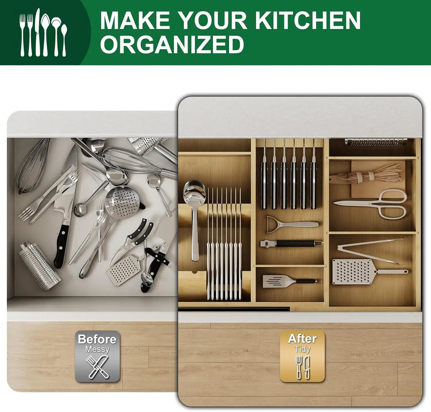 Bamboo Silverware Drawer Organizer, 17.7-29.5 Inch Expandable Large Kitchen Drawer Organizer, 5-8