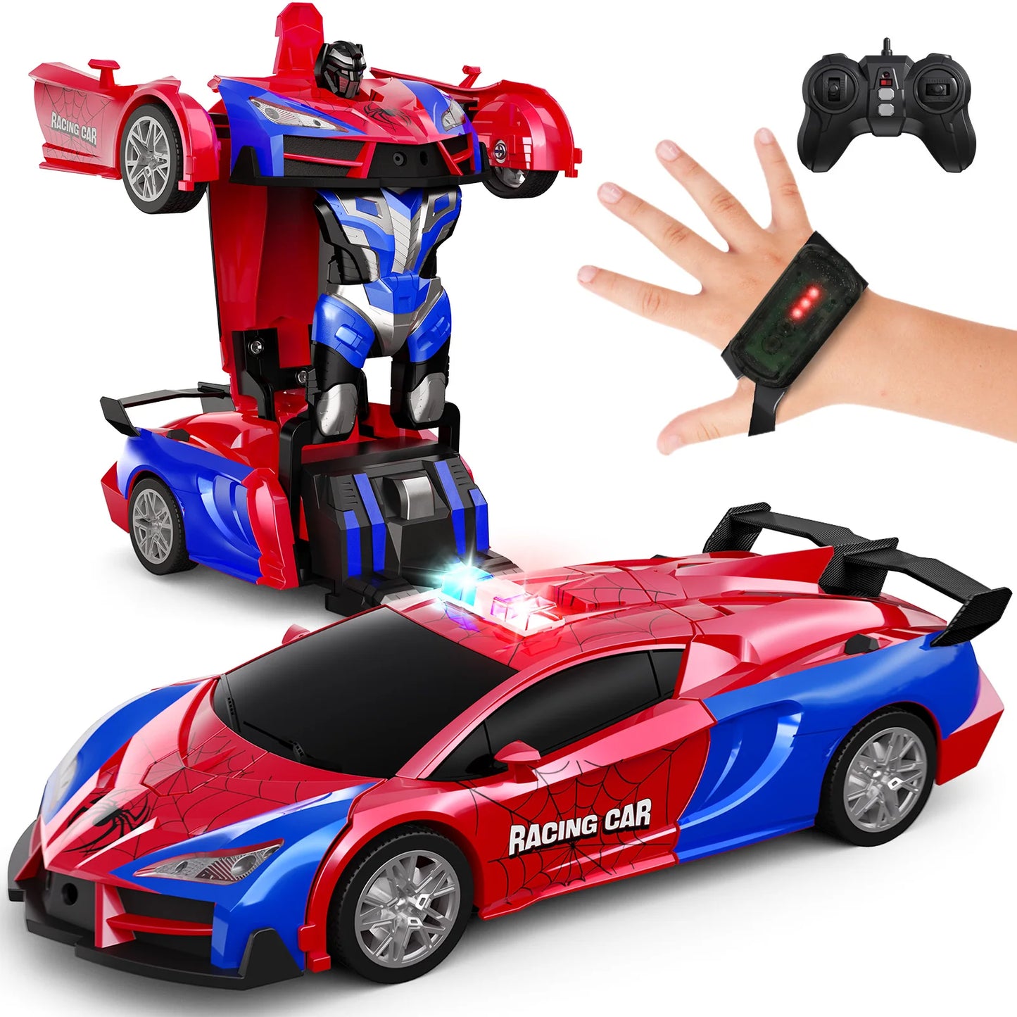 Remote Control Cars Police Car Toy Gesture Sensing with LED Light, 2.4GHz One Button Transformation Robot RC Cars Gift for Kids
