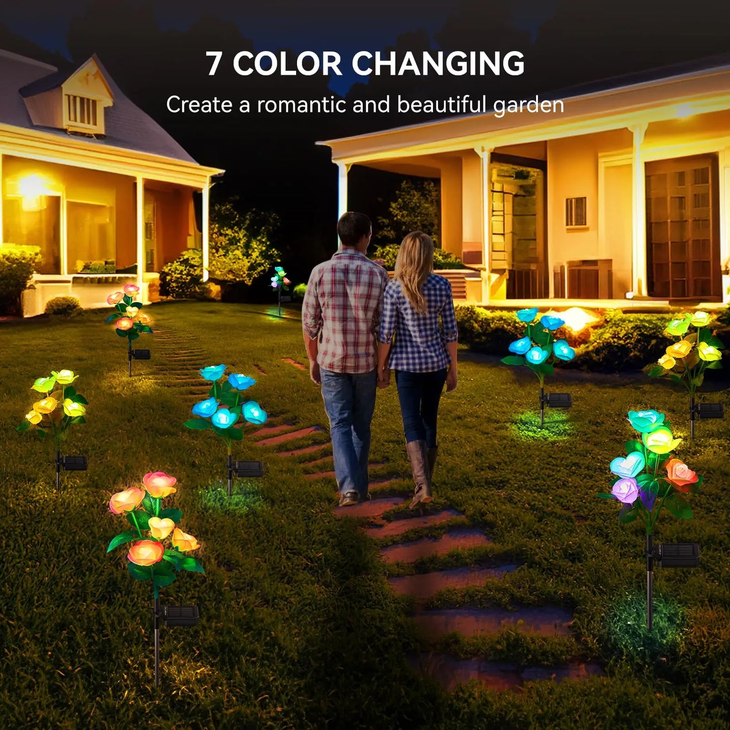 Solar Garden Lights Outdoor,Waterproof 7 Color Changing Solar Powered Flowers Lights for Outside Patio Yard Pathway