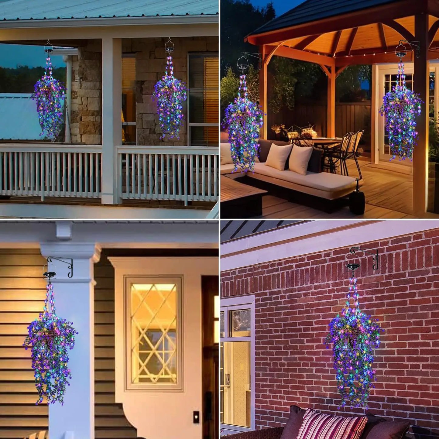 Solar-powered hanging flower baskets with RGB fireworks strings, perfect for porch gardens, weddings, and holiday decorations.