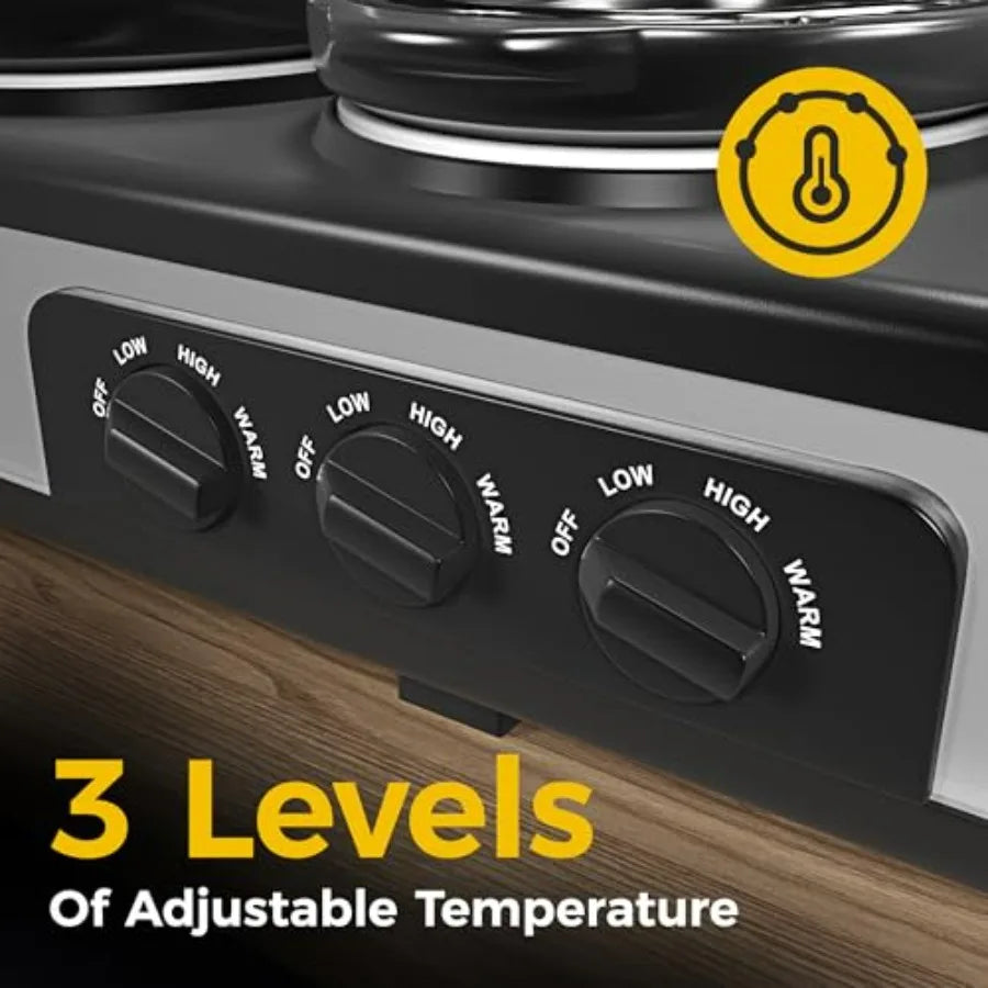 Triple Slow Cooker Buffet Food Warmer with 3 x 1.5 QT Removable Ceramic Pots Stainless Steel Silver Glass Lids and 3 Spoons for
