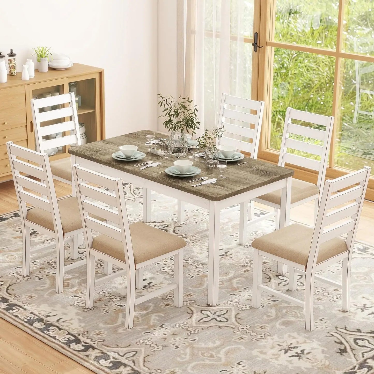 Farmhouse Dining Table Set for 6 Person, 59" Kitchen Table Set with 6 Upholstered Chairs, White Rectangular Dinner, Customized