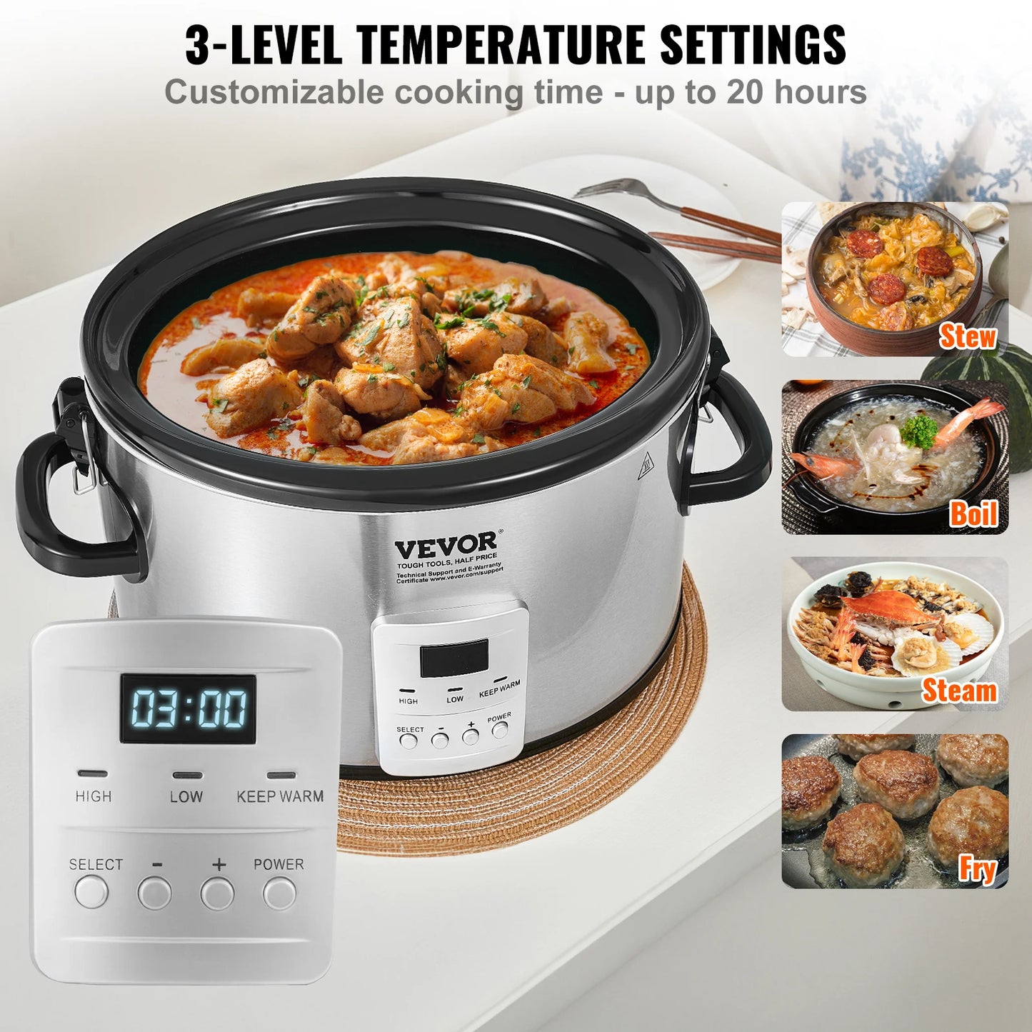 VEVOR Slow Cooker Digital Slow Cookers Locking Lid Ceramic Inner Pot for Home/Commercial Use