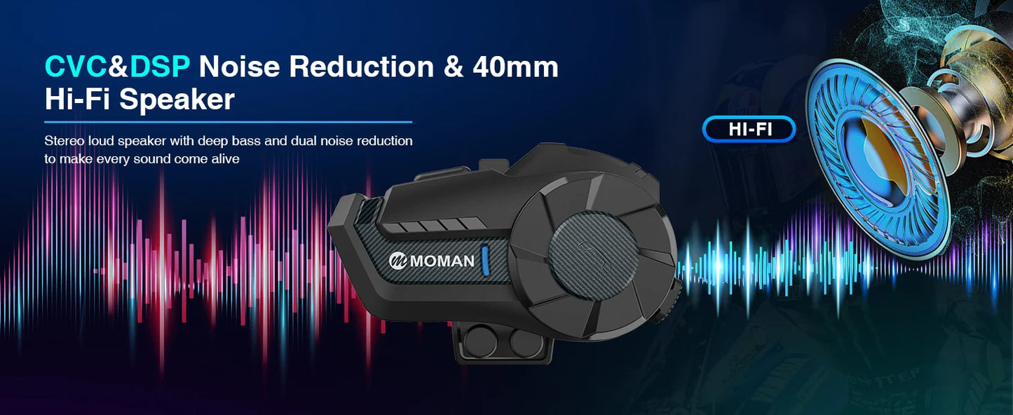Moman H2Pro Motorbike Helmet Motorcycle Intercom Communication System up to 1000M with DSP&CVC Noise Cancellation FM Music Share
