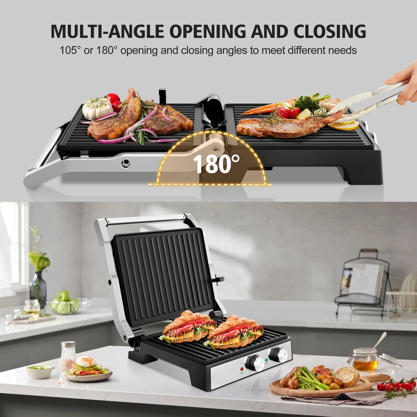 1600W 4-Slice Panini Press With Timer, Adjustable Temp & 180° Opening - Electric Grill, Stainless Steel Sandwich Maker