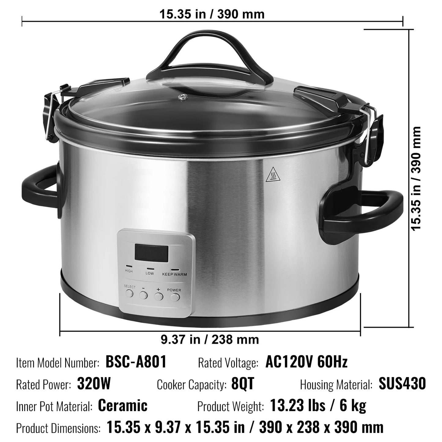 VEVOR Slow Cooker Digital Slow Cookers Locking Lid Ceramic Inner Pot for Home/Commercial Use