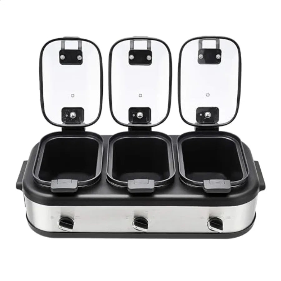 Triple Slow Cooker 3 x 2.5 Quarts Brushed Stainless Steel for Kitchen Use Durable Stainless Steel Matte Finish Easy to Clean