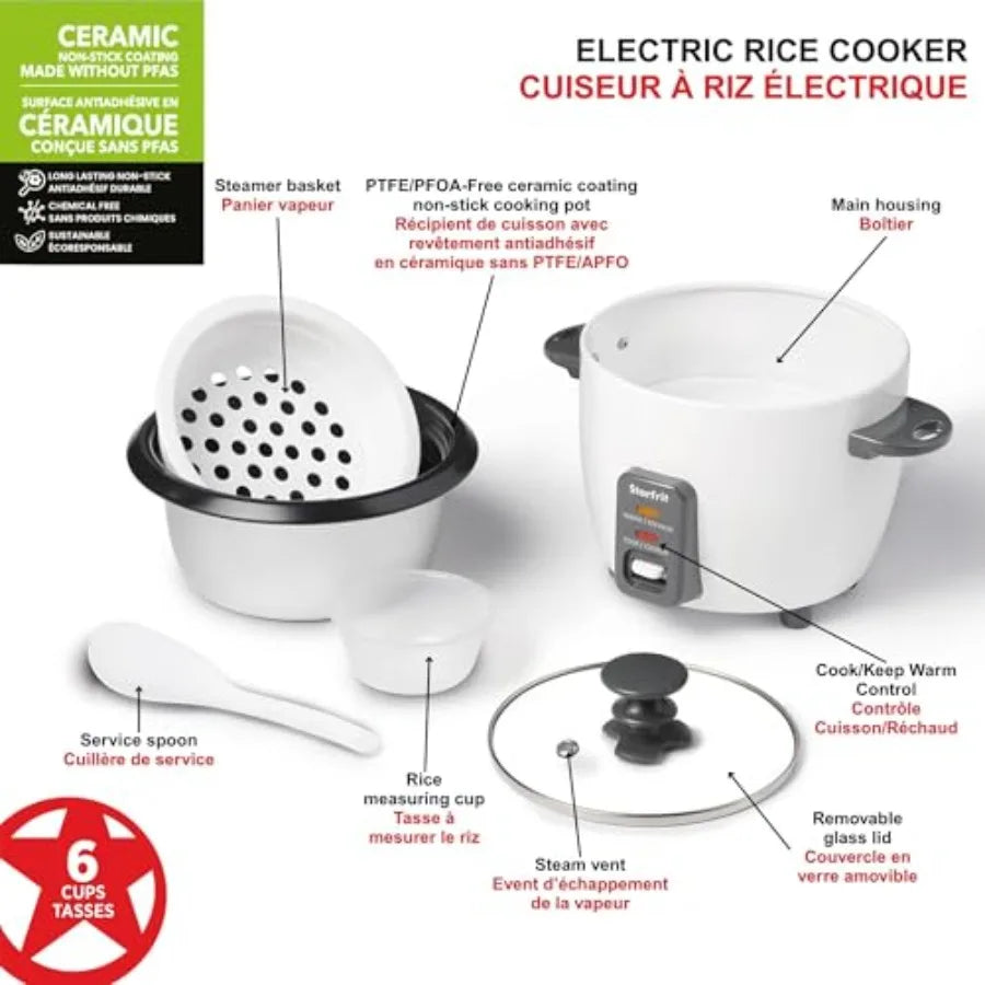 Electric Rice Cooker for Home Use - 6 Cups Capacity with Steamer Basket Measuring Cup and Service Spoon - 300W Power Output - I