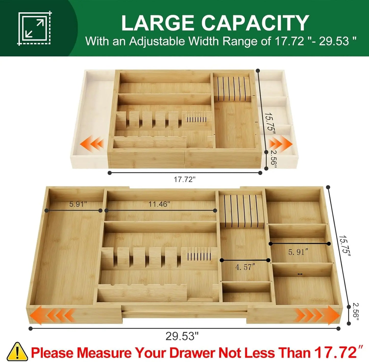 Bamboo Silverware Drawer Organizer, 17.7-29.5 Inch Expandable Large Kitchen Drawer Organizer, 5-8