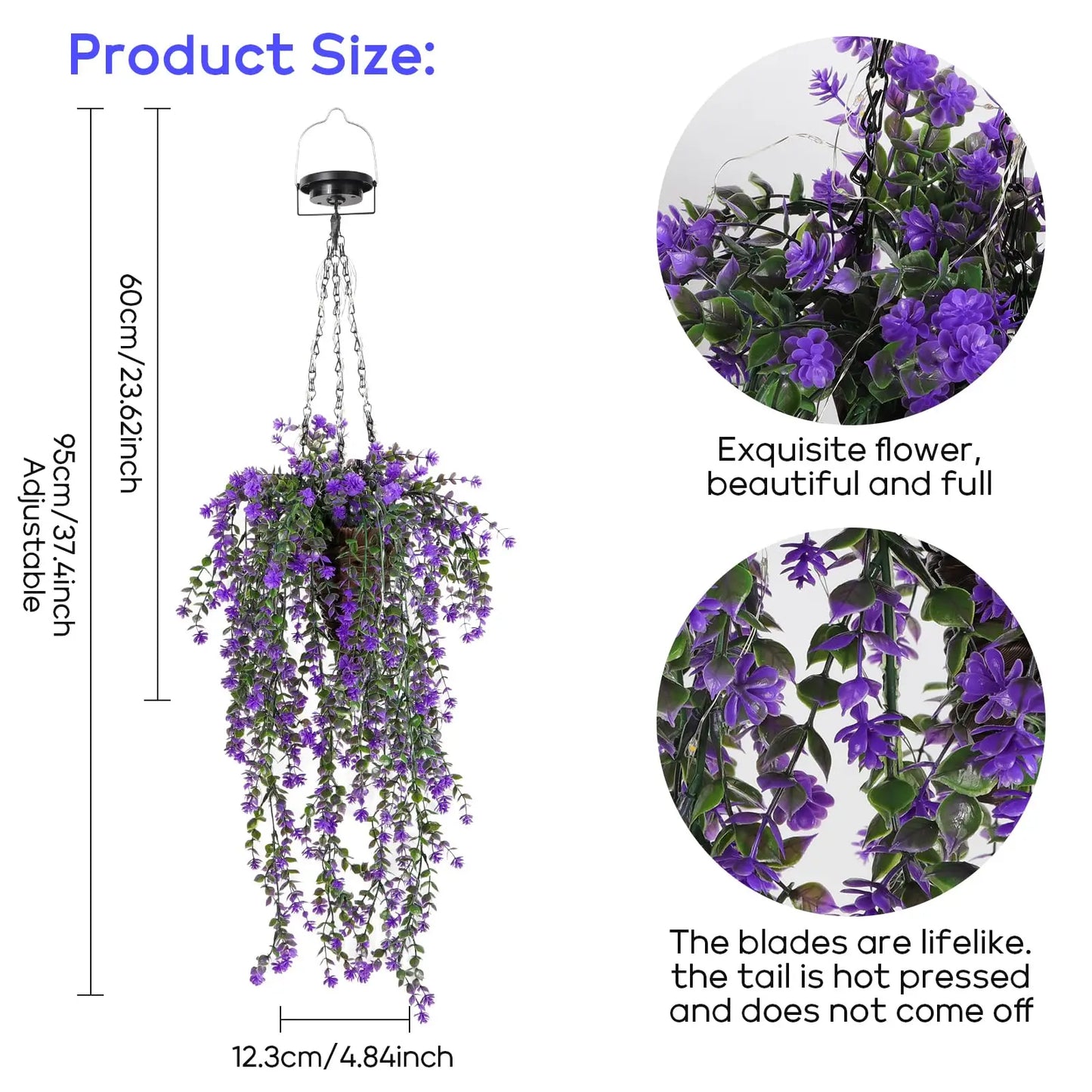 Solar-powered hanging flower baskets with RGB fireworks strings, perfect for porch gardens, weddings, and holiday decorations.