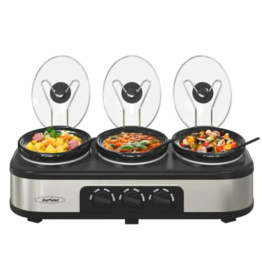 Triple Slow Cooker Buffet Food Warmer with 3 x 1.5 QT Removable Ceramic Pots Stainless Steel Silver Glass Lids and 3 Spoons for