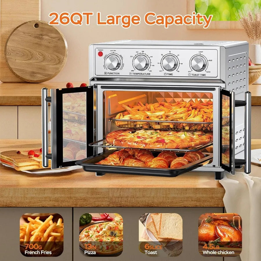 26QT Air Fryer Toaster Oven Combo with French Doors and 7 Preset Menus 1700W Stainless Steel Convection Countertop Oven for Bak