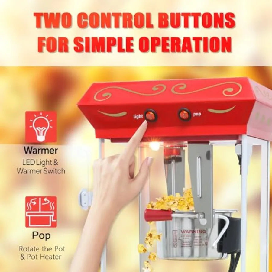 Popcorn Machine with Cart - 8OZ Stainless Steel Kettle Popcorn Maker With Wheels for Home Parties Movie Theater Grade Electric