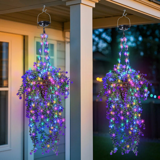 Solar-powered hanging flower baskets with RGB fireworks strings, perfect for porch gardens, weddings, and holiday decorations.
