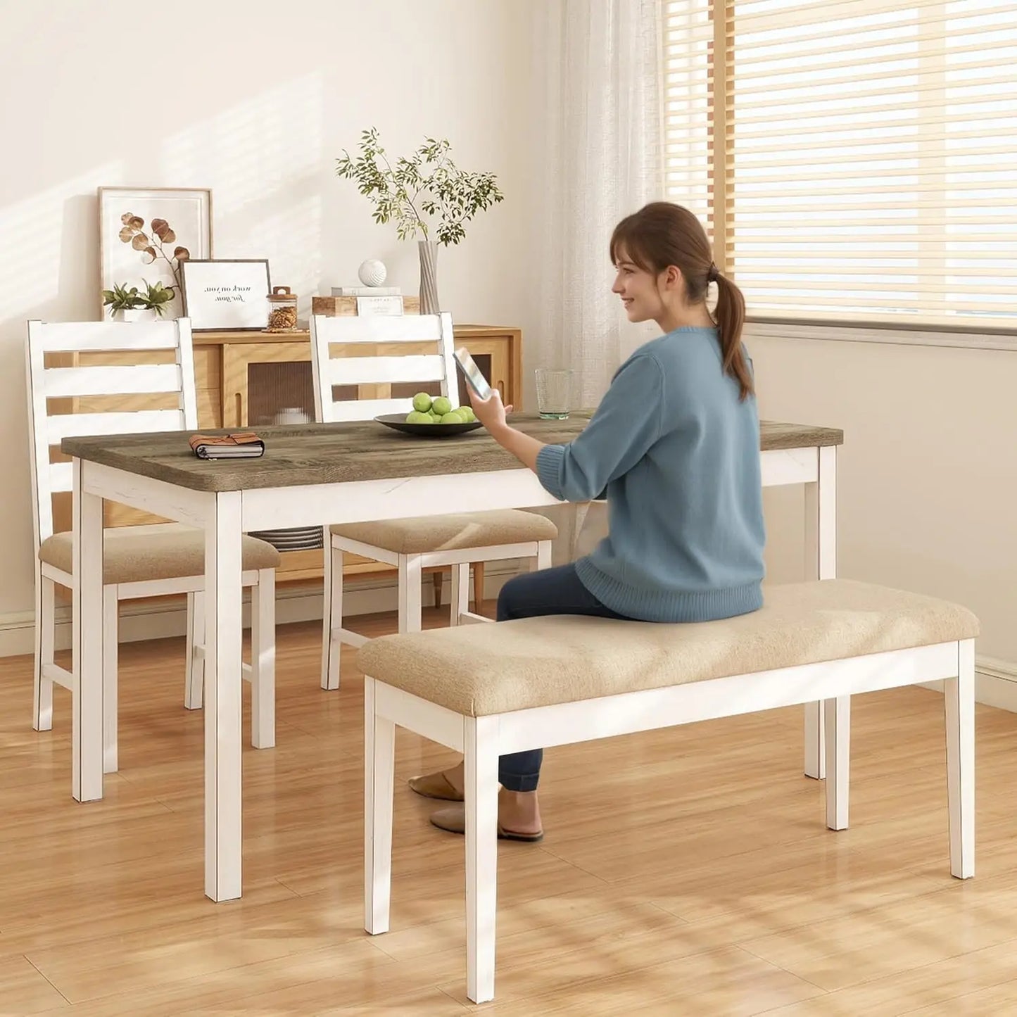 Farmhouse Dining Table Set for 6 Person, 59" Kitchen Table Set with 6 Upholstered Chairs, White Rectangular Dinner, Customized