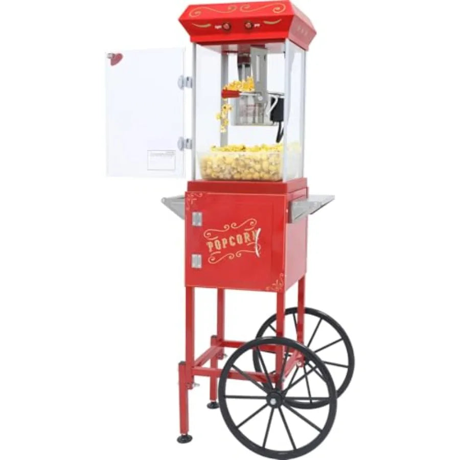 Popcorn Machine with Cart - 8OZ Stainless Steel Kettle Popcorn Maker With Wheels for Home Parties Movie Theater Grade Electric