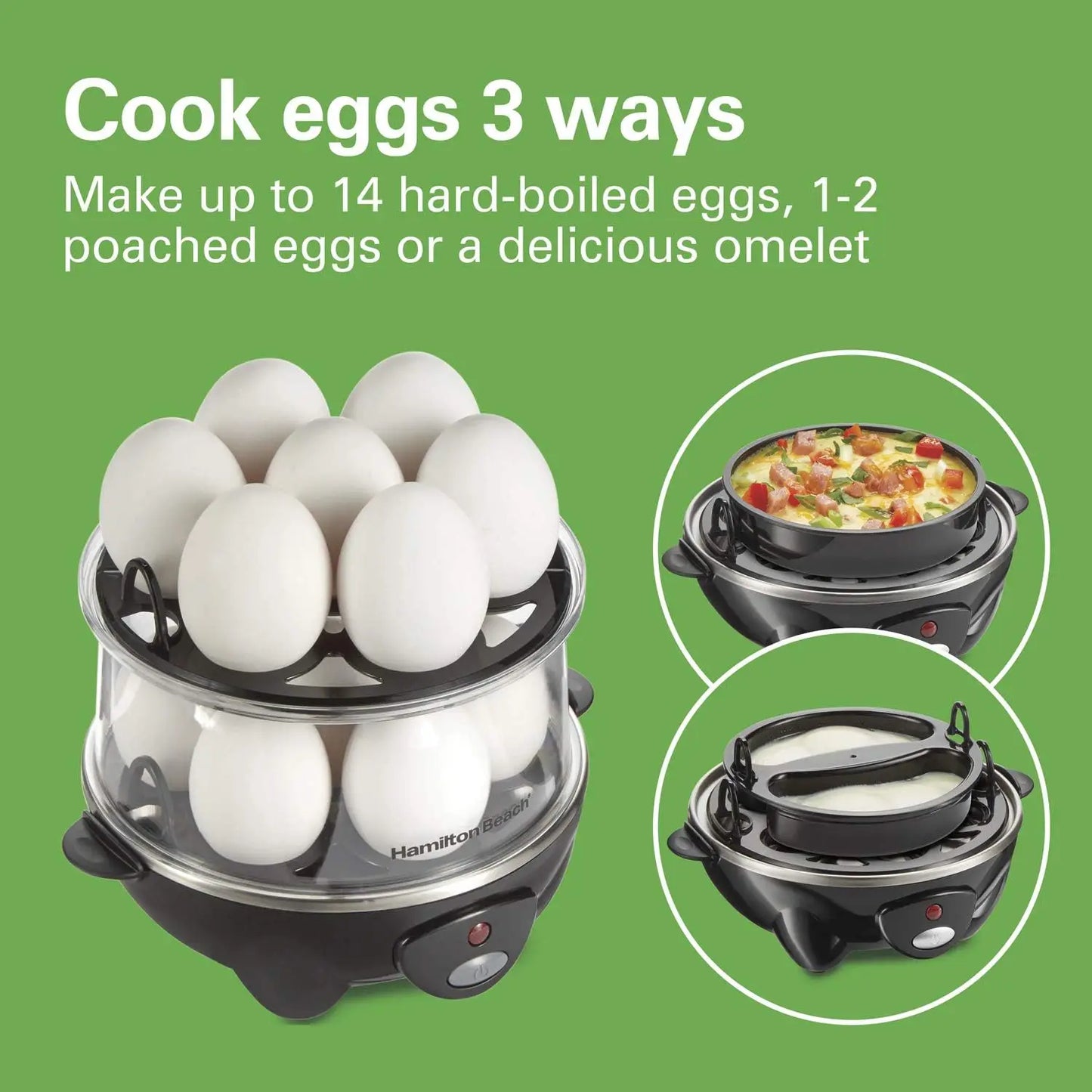 3-in-1 Electric Egg Cooker for Hard Boiled Eggs, Poacher, Omelet Maker & Vegetable Steamer, Holds 14, Black