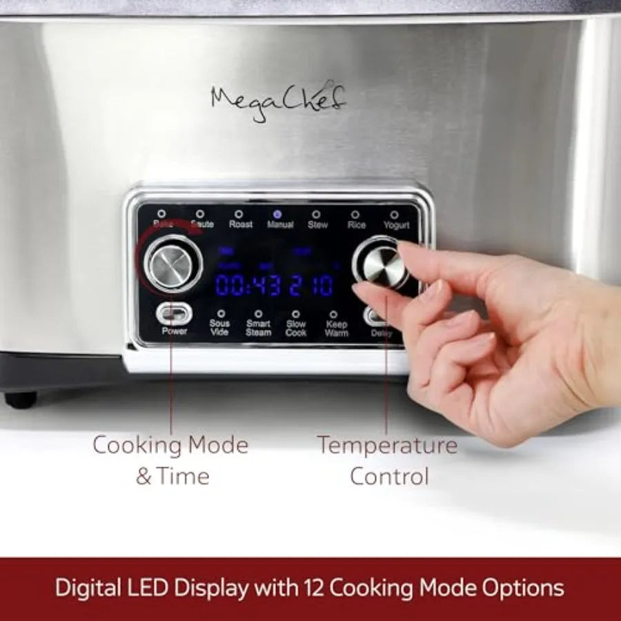 8 Quart 12-in-1 Programmable Multi Cooker with Sous Vide Digital Display Adjustable Temperature Time Removable Pot Tempered Gla