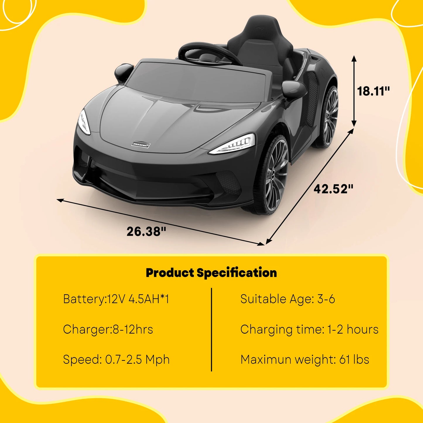 12V Ride On Car Electric Car for Kids Gift 3 Speeds,w/Remote Control Hydraulic Doors, Led Headlights Rocking & Music