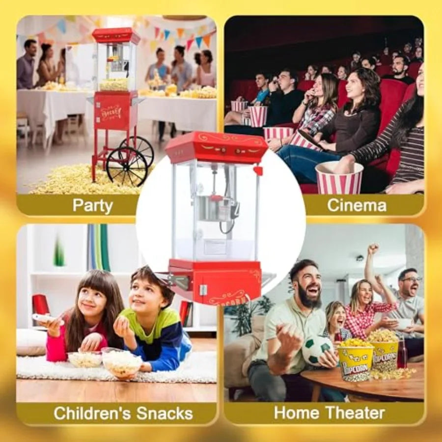 Popcorn Machine with Cart - 8OZ Stainless Steel Kettle Popcorn Maker With Wheels for Home Parties Movie Theater Grade Electric