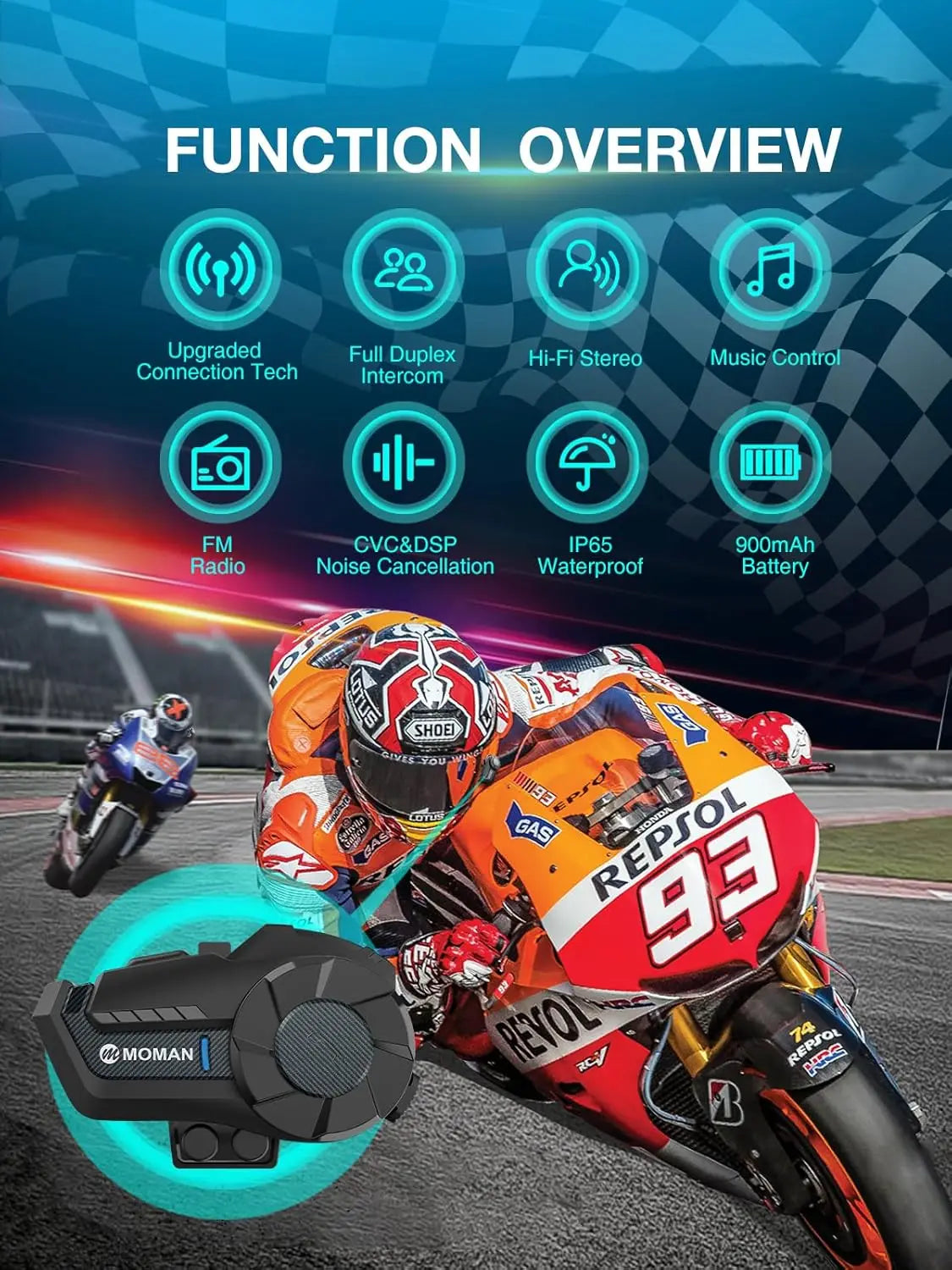 Moman H2Pro Motorbike Helmet Motorcycle Intercom Communication System up to 1000M with DSP&CVC Noise Cancellation FM Music Share