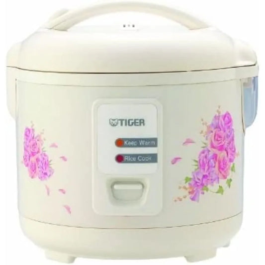 10-Cup Uncooked Rice Cooker and Warmer with Steam Basket in Floral White for Home Kitchen Use Ideal for Cooking Rice Steaming V