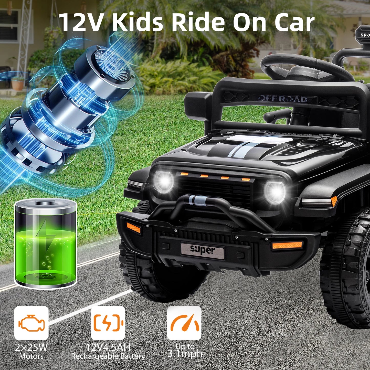 12v Ride on Car for Kids with Parent Remote Control Electric Power Wheel Car 2 Speeds,Spring Suspension,Music,LED Lights Age 3+