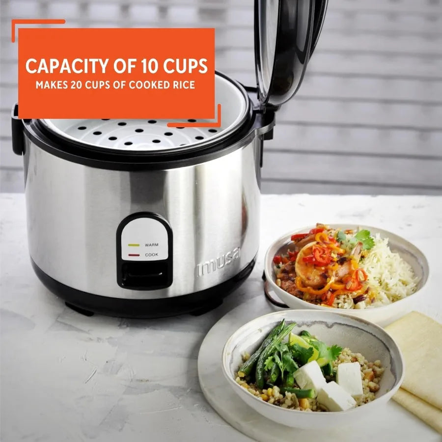 10 Cup Deluxe Stainless Steel Electric Rice Cooker with Steam Tray for Home Kitchen Cooking and Meal Preparation Multi-function
