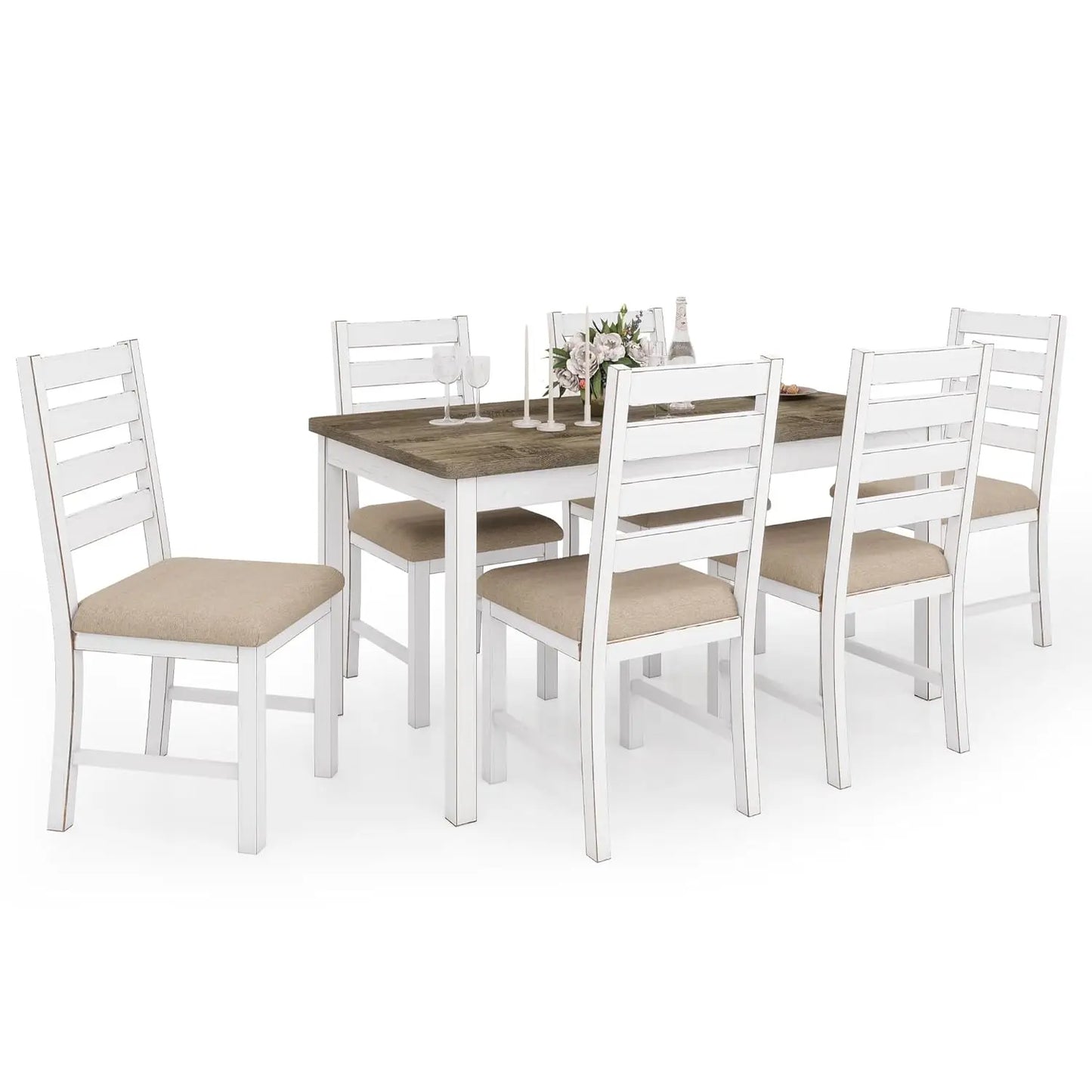 Farmhouse Dining Table Set for 6 Person, 59" Kitchen Table Set with 6 Upholstered Chairs, White Rectangular Dinner, Customized