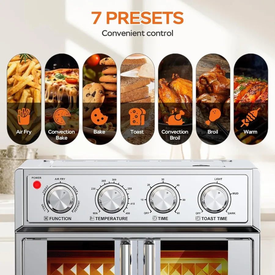 26QT Air Fryer Toaster Oven Combo with French Doors and 7 Preset Menus 1700W Stainless Steel Convection Countertop Oven for Bak