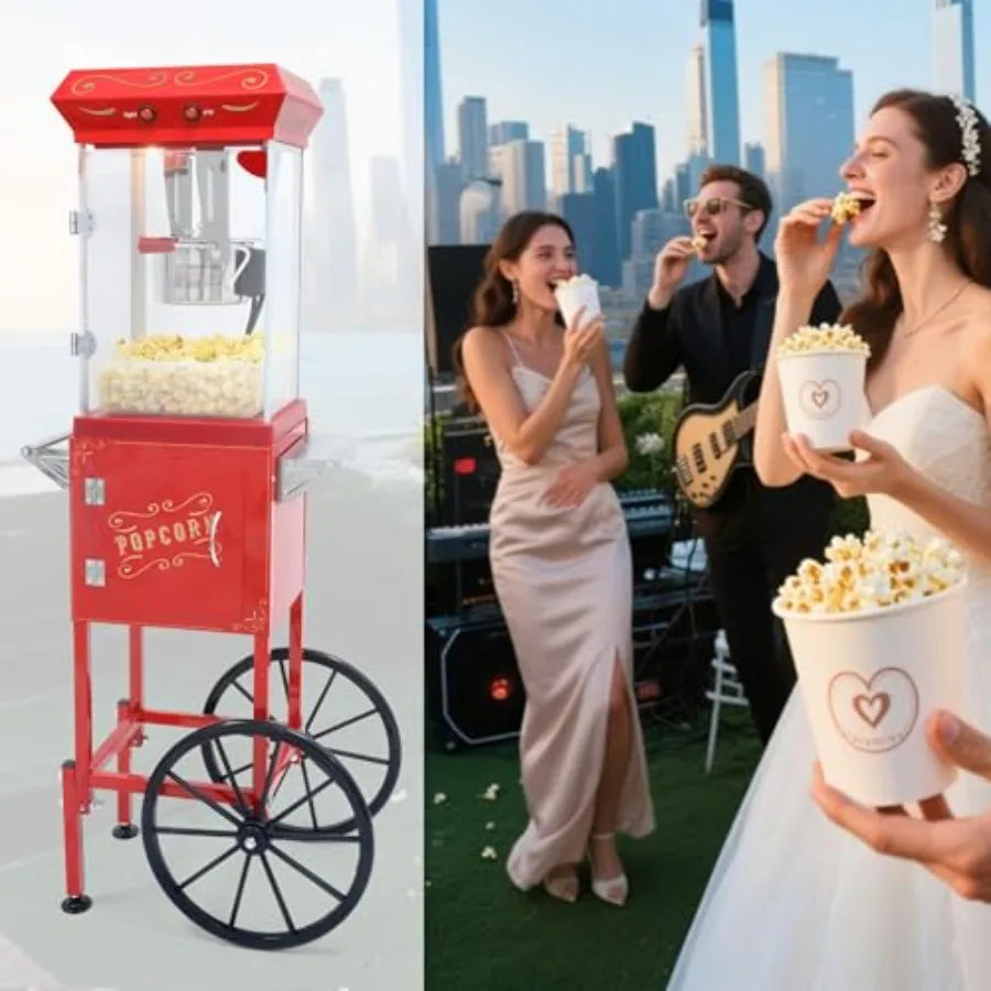 Popcorn Machine with Cart - 8OZ Stainless Steel Kettle Popcorn Maker With Wheels for Home Parties Movie Theater Grade Electric