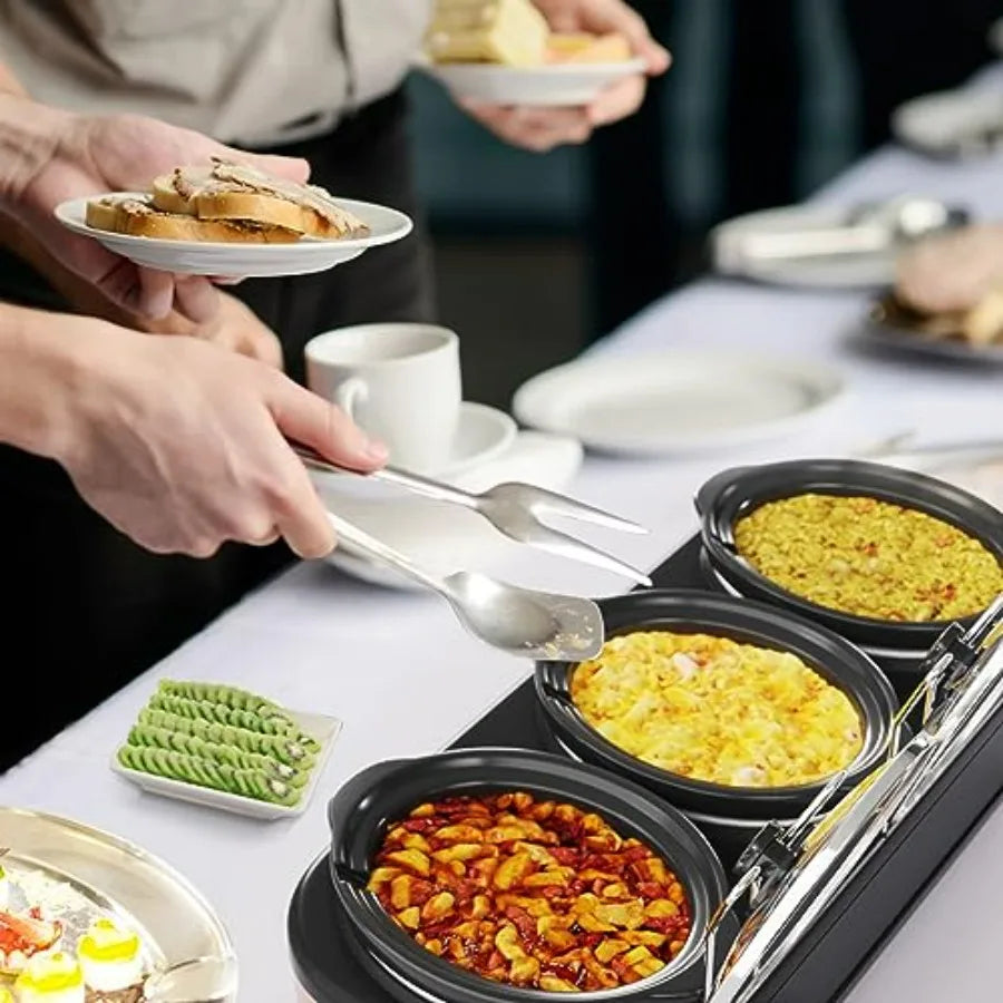 Triple Slow Cooker Buffet Server Warmer with 3 Removable Ceramic Pots 3 Adjustable Temp Settings 3 Metal Lid Rests Stainless St