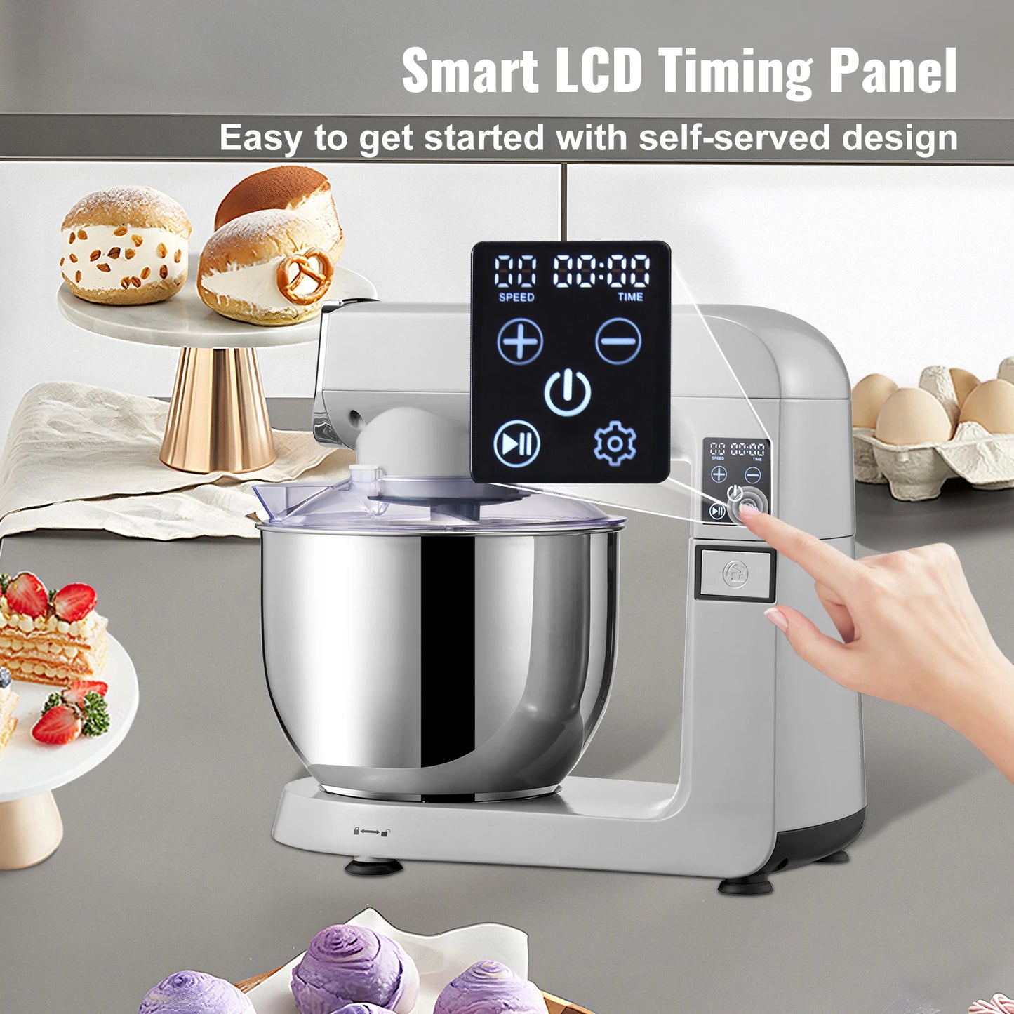 SucceBuy 6inch 1 Stand Mixer 450W Tilt-Head Multifunctional Electric Mixer with 6 Speeds LCD Screen Timing 7.4Qt Stainless Bowl