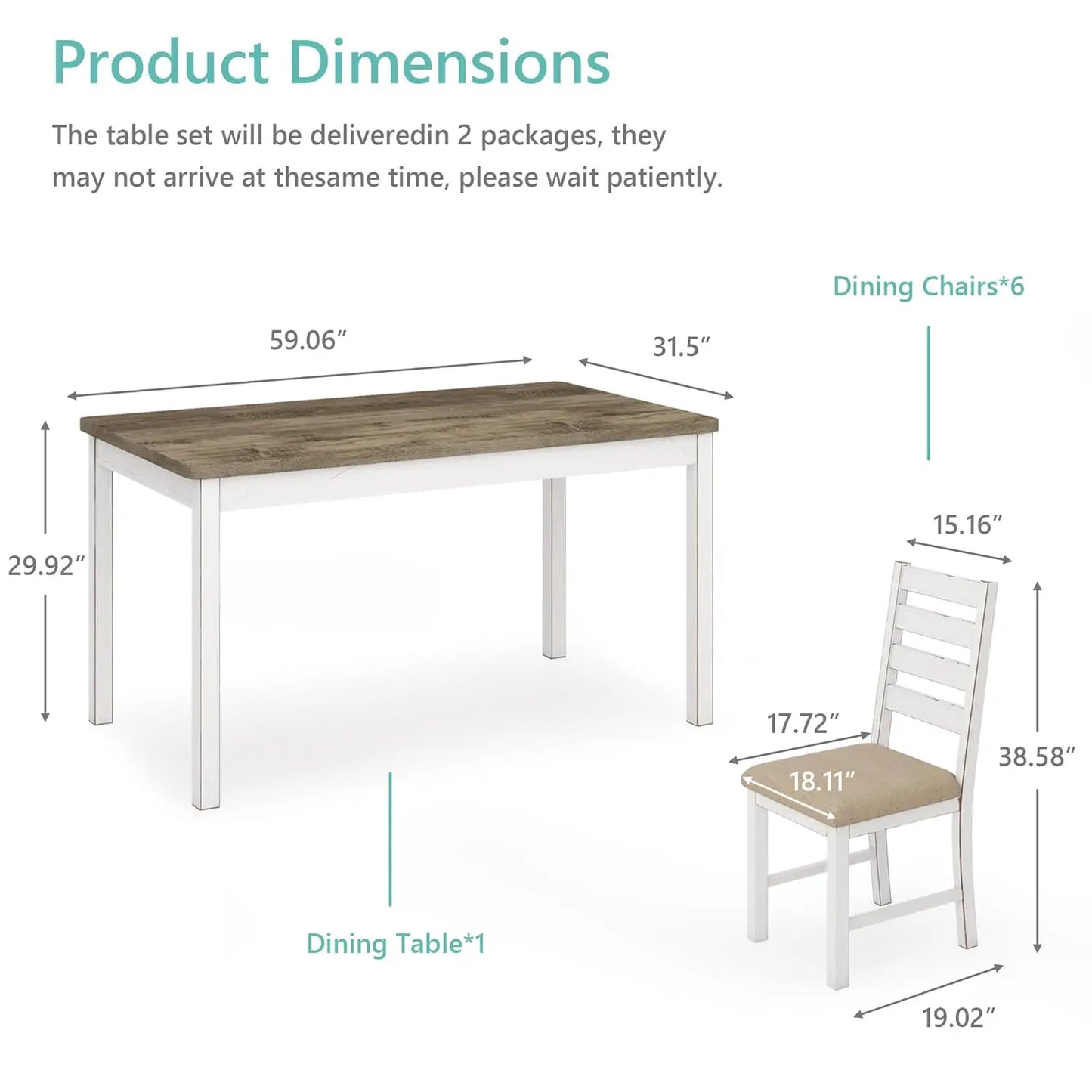 Farmhouse Dining Table Set for 6 Person, 59" Kitchen Table Set with 6 Upholstered Chairs, White Rectangular Dinner, Customized