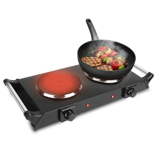 Electric Countertop Double Burner 2000W Cooktop with Cast Iron Hot Plate Stay Cool Handles 5 Level Temperature Control Easy to