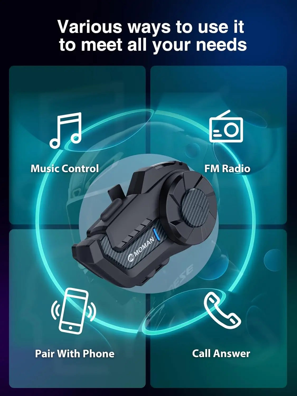Moman H2Pro Motorbike Helmet Motorcycle Intercom Communication System up to 1000M with DSP&CVC Noise Cancellation FM Music Share
