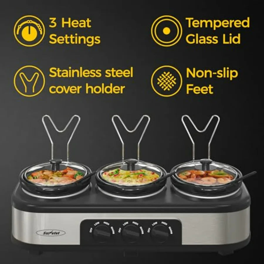 Triple Slow Cooker Buffet Food Warmer with 3 x 1.5 QT Removable Ceramic Pots Stainless Steel Silver Glass Lids and 3 Spoons for
