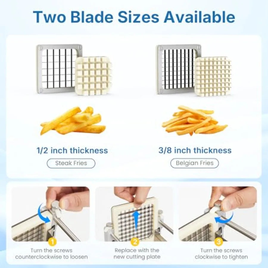 Commercial French Fry Cutter with 1/2 Inch 3/8 Inch Blade Heavy Duty Potato Slicer for Potatoes Carrots Cucumber Yam Stainless