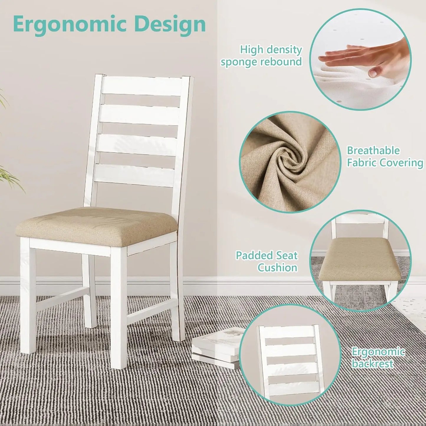 Farmhouse Dining Table Set for 6 Person, 59" Kitchen Table Set with 6 Upholstered Chairs, White Rectangular Dinner, Customized