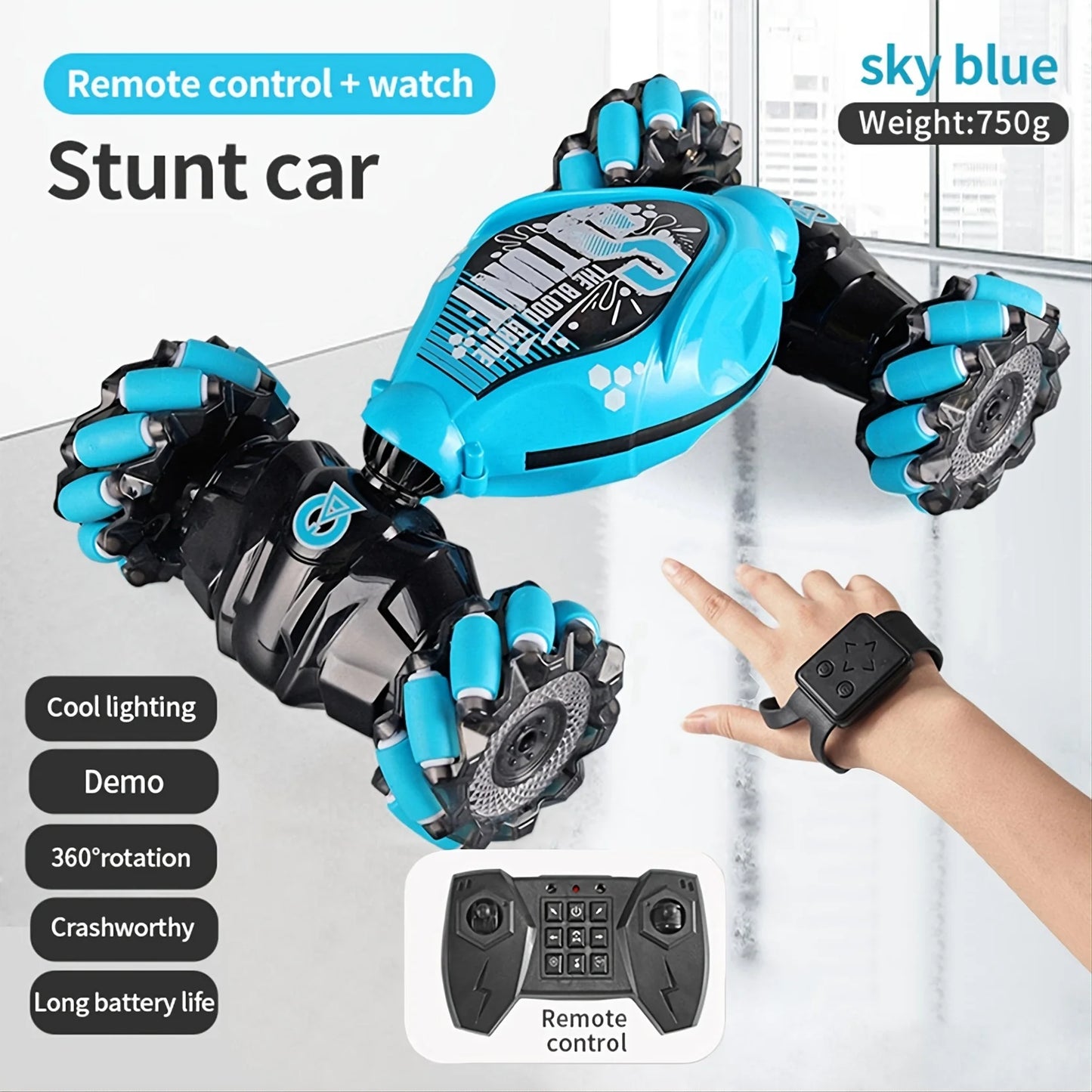 Remote Control Car - 2.4GHz 4WD Gesture Sensing RC Stunt Toy With Cool Music and Light, Double-Sided Rotating 360 Flips, Gifts f