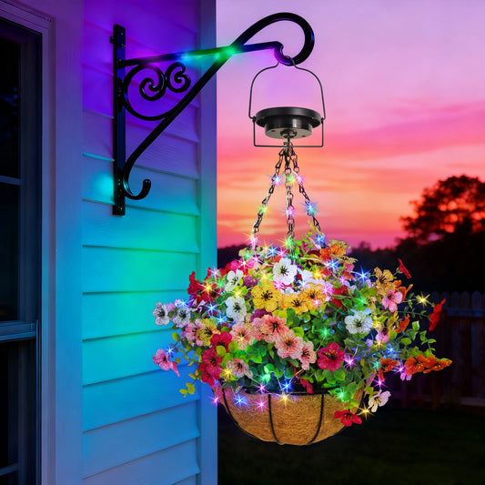 Solar-Powered Hanging Flower Basket Lights Outdoor Porch Lawn Christmas Garden Decor DIY Copper Wire RGB Lights with Solar Panel