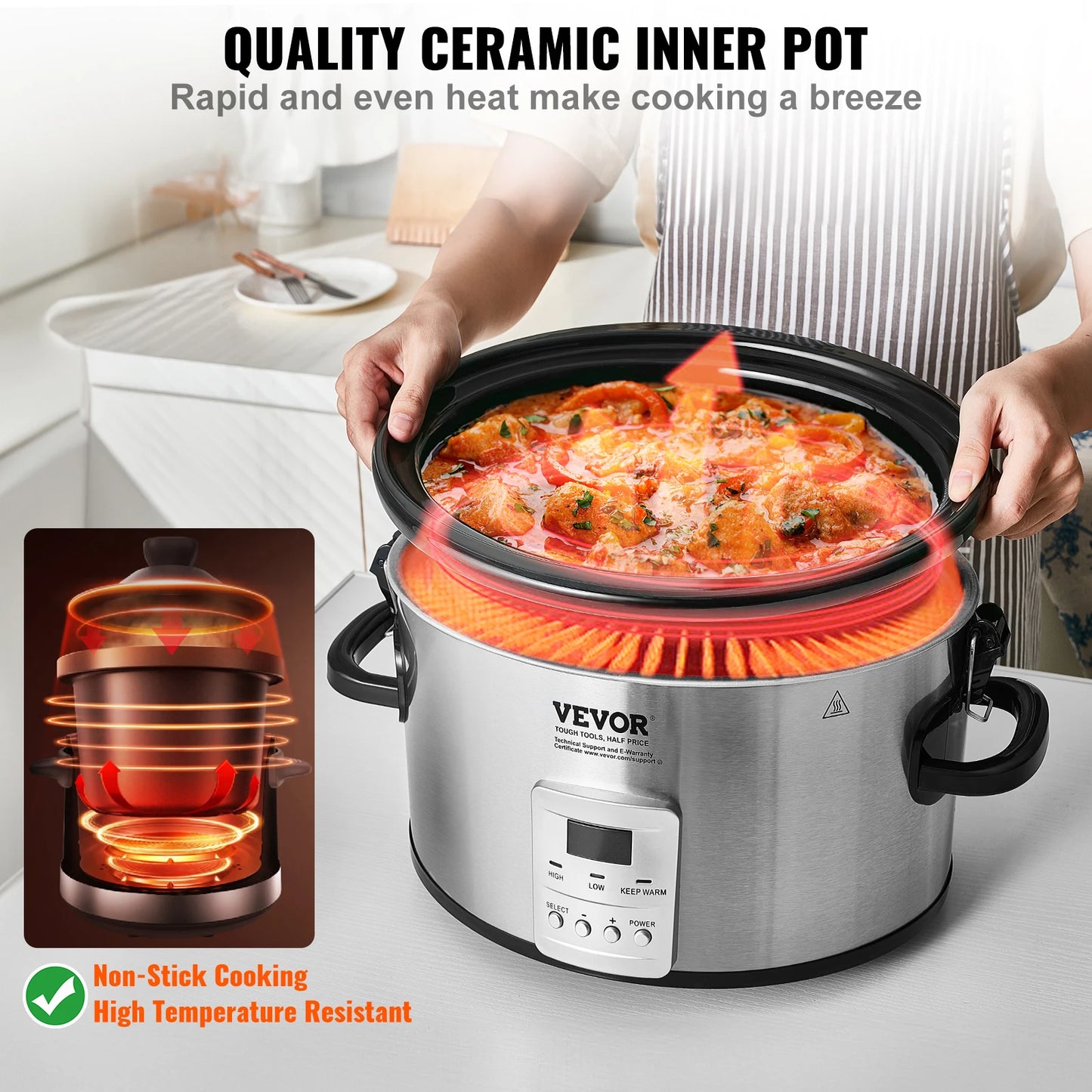 VEVOR Slow Cooker Digital Slow Cookers Locking Lid Ceramic Inner Pot for Home/Commercial Use