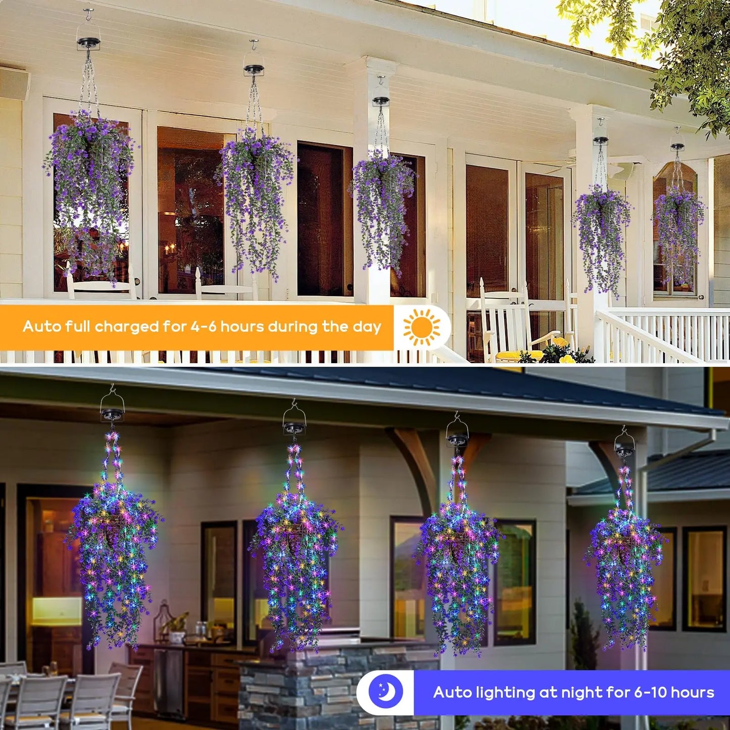 Solar-powered hanging flower baskets with RGB fireworks strings, perfect for porch gardens, weddings, and holiday decorations.