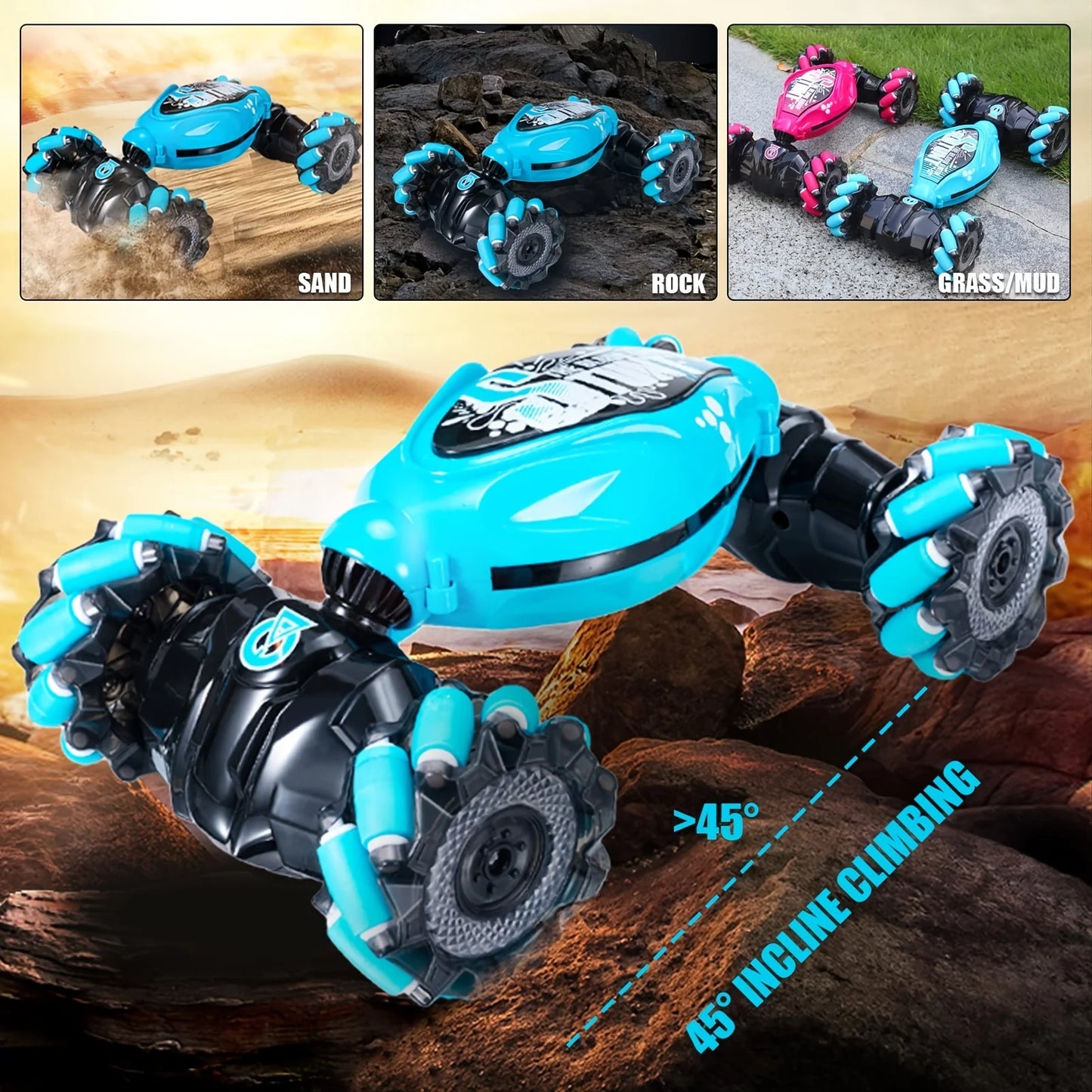 Remote Control Car - 2.4GHz 4WD Gesture Sensing RC Stunt Toy With Cool Music and Light, Double-Sided Rotating 360 Flips, Gifts f