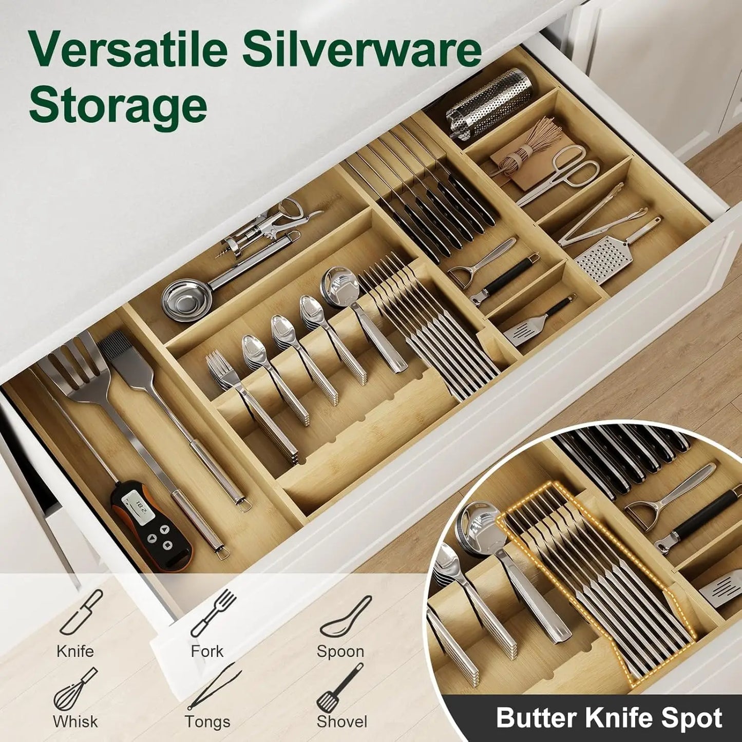 Bamboo Silverware Drawer Organizer, 17.7-29.5 Inch Expandable Large Kitchen Drawer Organizer, 5-8