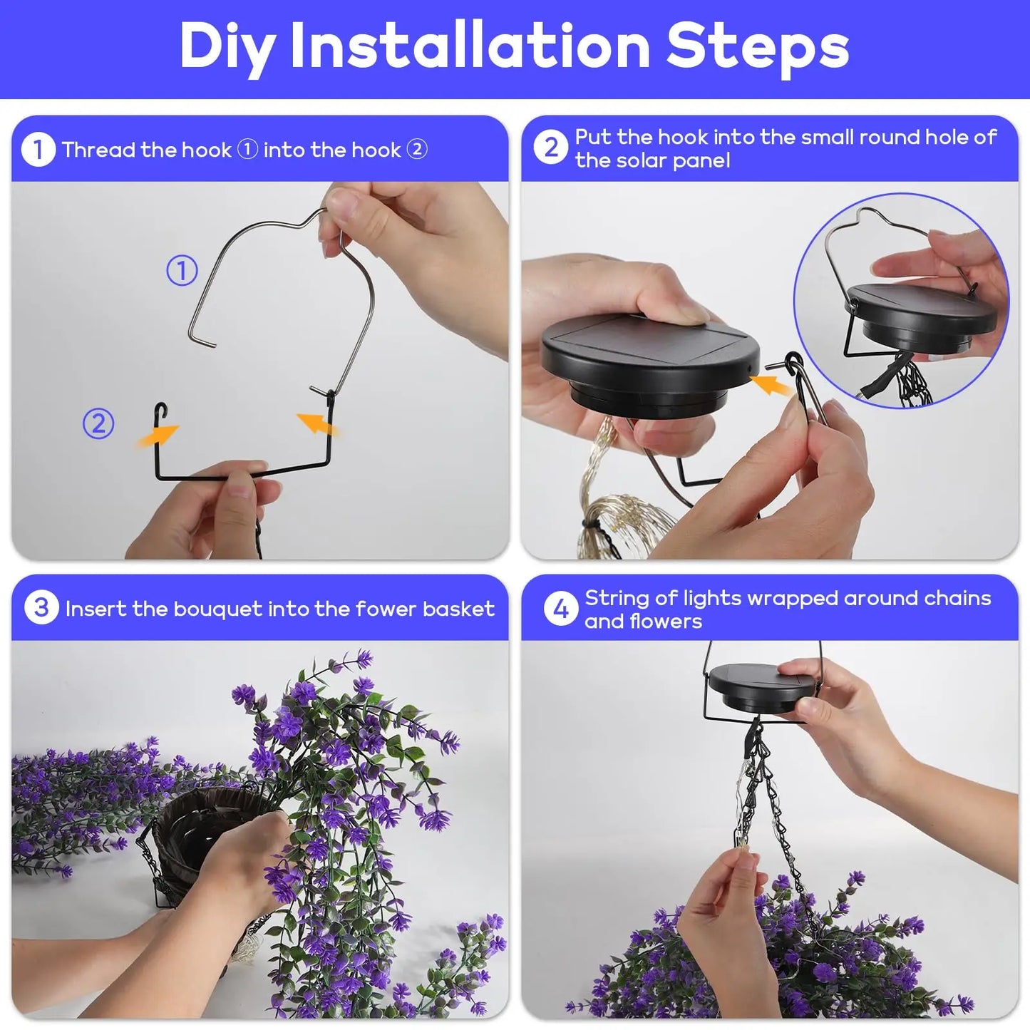 Solar-powered hanging flower baskets with RGB fireworks strings, perfect for porch gardens, weddings, and holiday decorations.