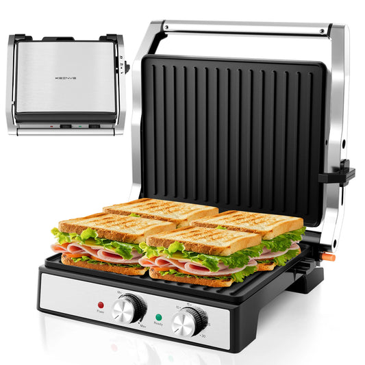 1600W 4-Slice Panini Press With Timer, Adjustable Temp & 180° Opening - Electric Grill, Stainless Steel Sandwich Maker
