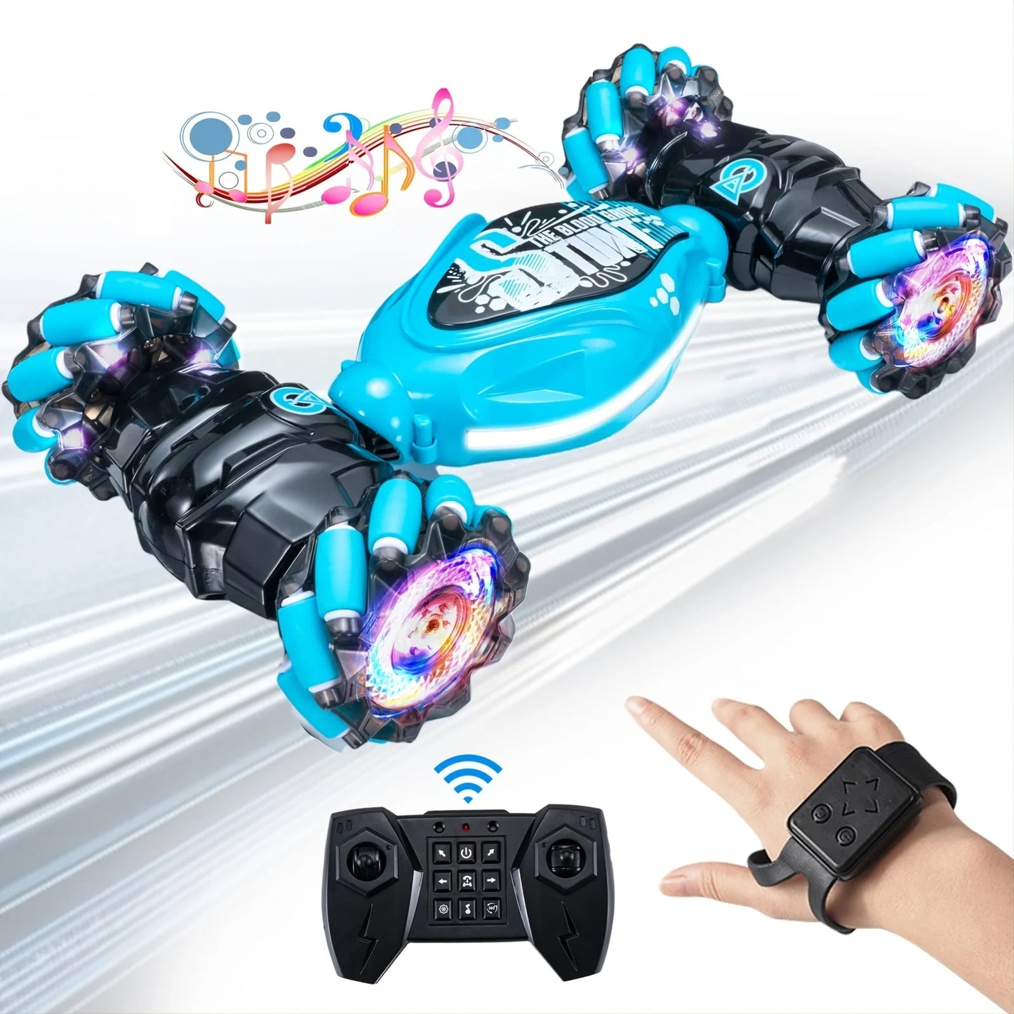 Remote Control Car - 2.4GHz 4WD Gesture Sensing RC Stunt Toy With Cool Music and Light, Double-Sided Rotating 360 Flips, Gifts f