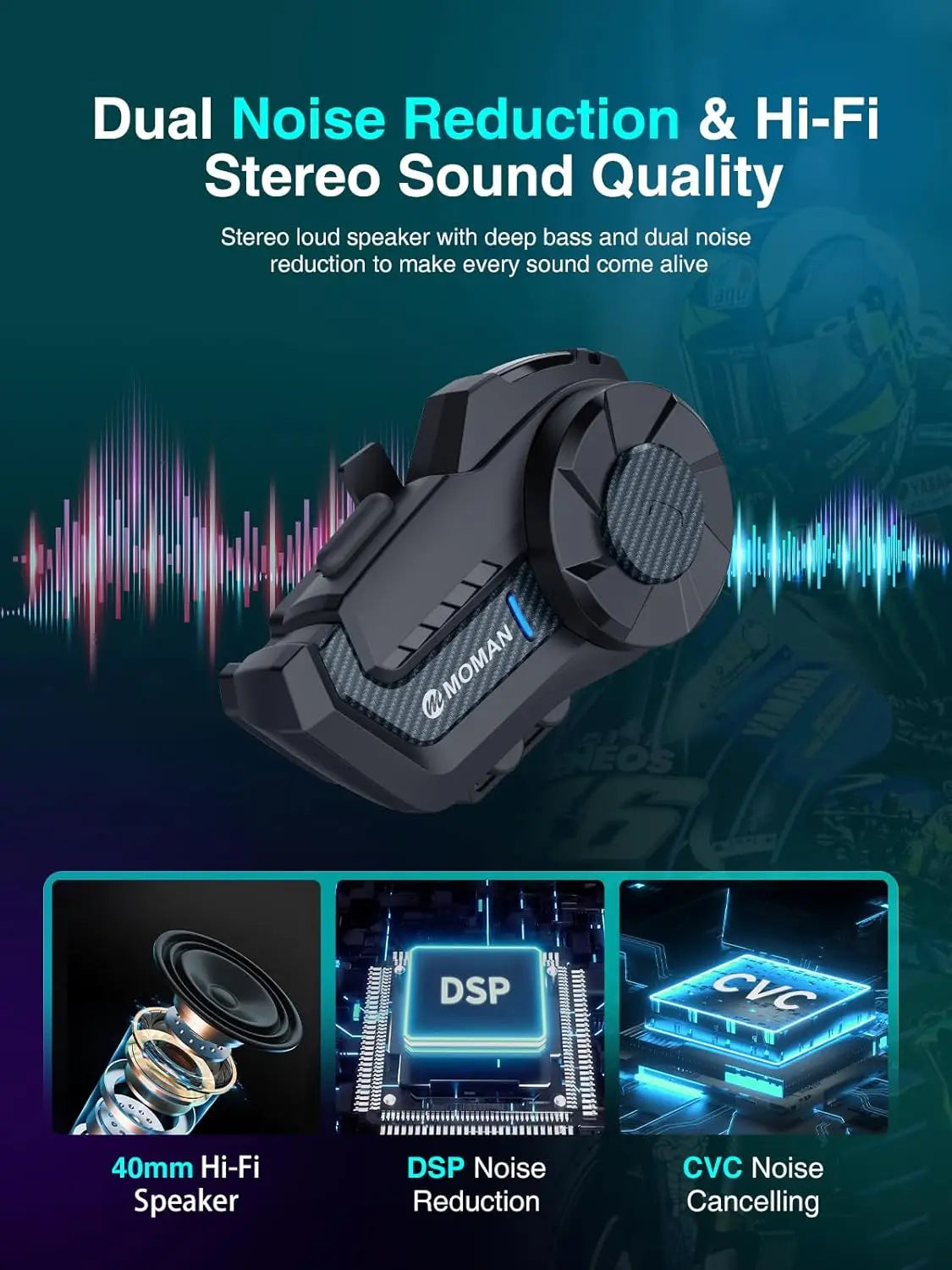 Moman H2Pro Motorbike Helmet Motorcycle Intercom Communication System up to 1000M with DSP&CVC Noise Cancellation FM Music Share