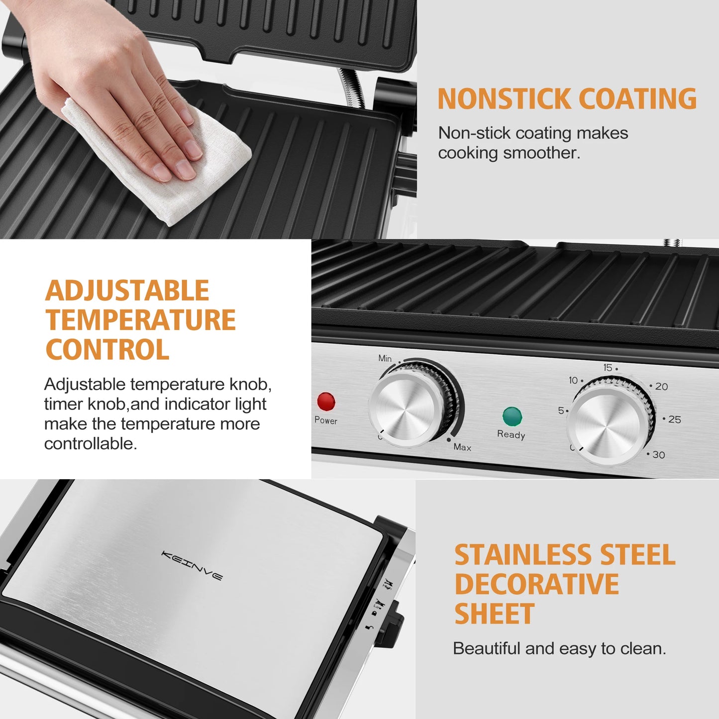 1600W 4-Slice Panini Press With Timer, Adjustable Temp & 180° Opening - Electric Grill, Stainless Steel Sandwich Maker